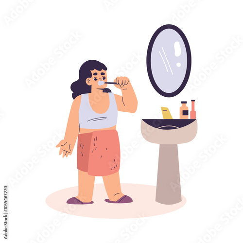 Personal Care with Girl Character Brushing Her Teeth Enjoy Grooming Procedure Vector Illustration