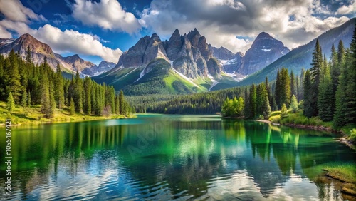 Mountain lake surrounded by towering peaks and lush greenery, serenity, scenery, forest, lake, reflection