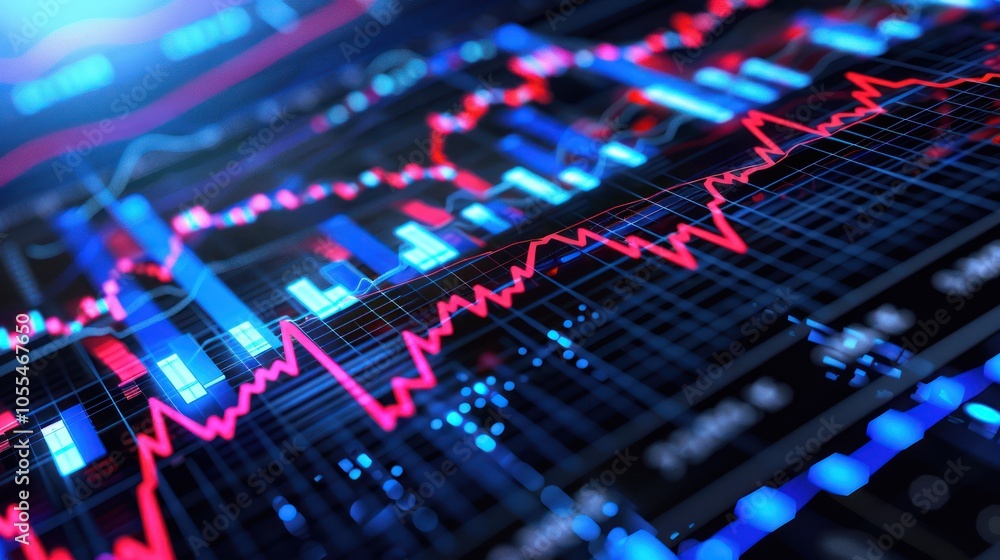 Financial Data Visualization: Red Line Charts on Digital Screen Financial Data Visualization: Red Line Charts on Digital Screen