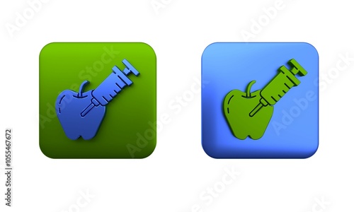 Colorful Genetically modified apple icon isolated on white background. GMO fruit. Syringe being injected to apple. Square button. 3D render illustration