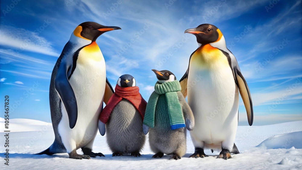 Obraz premium A family of penguins bundled up in warm scarves, enjoying a snowy winter day under a bright blue sky.