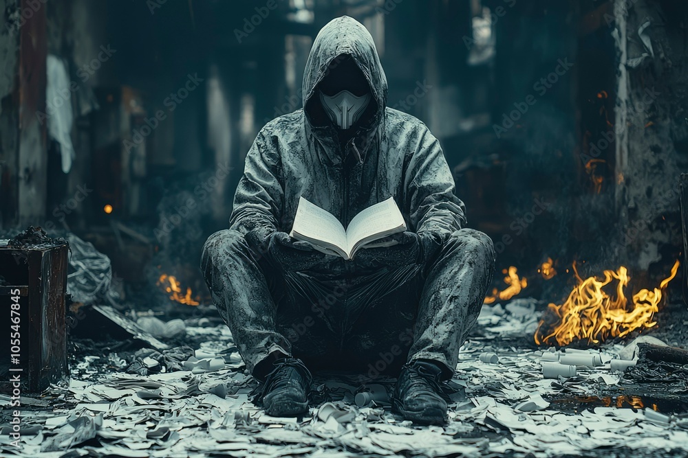 Hooded Figure Reading a Book in a Burned-Out Building Hooded Figure Reading a Book in a Burned-Out Building