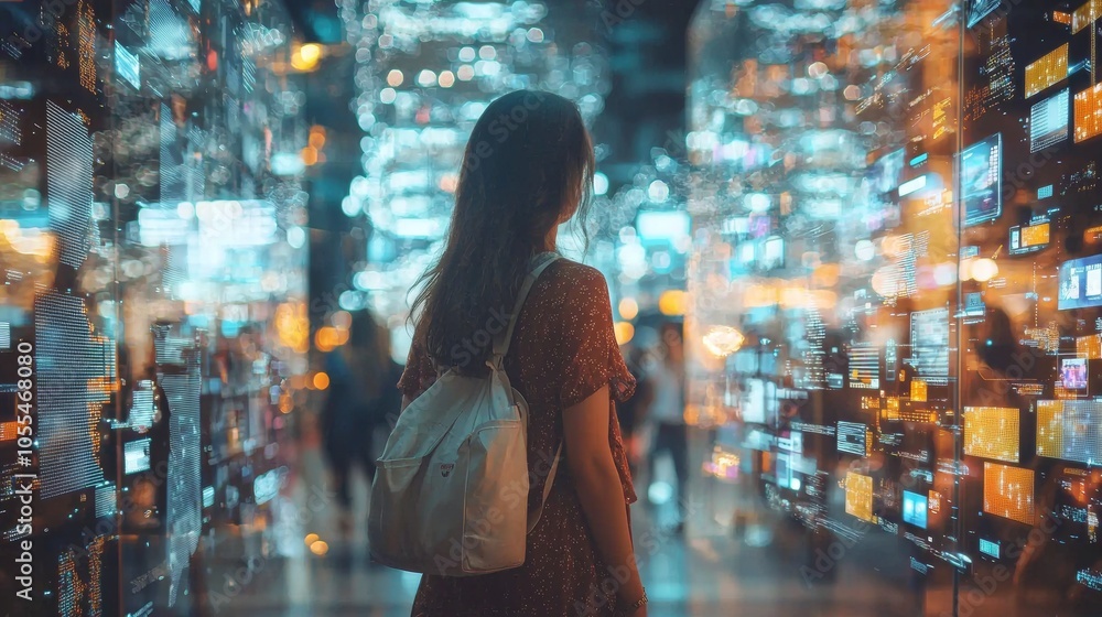 Woman exploring digital world surrounded by futuristic data screens Woman exploring digital world surrounded by futuristic data screens
