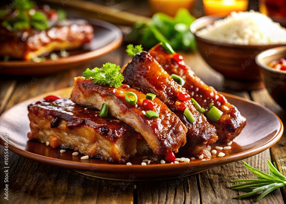 Honeyfried Pork Ribs with Rice Garnish - Delicious Asian Cuisine, Food Photography, Tilt-Shift Style Honeyfried Pork Ribs with Rice Garnish - Delicious Asian Cuisine, Food Photography, Tilt-Shift Style