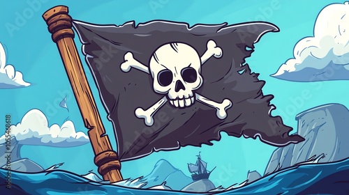 A cartoon pirate flag with a skull and crossbones waving in the wind. photo