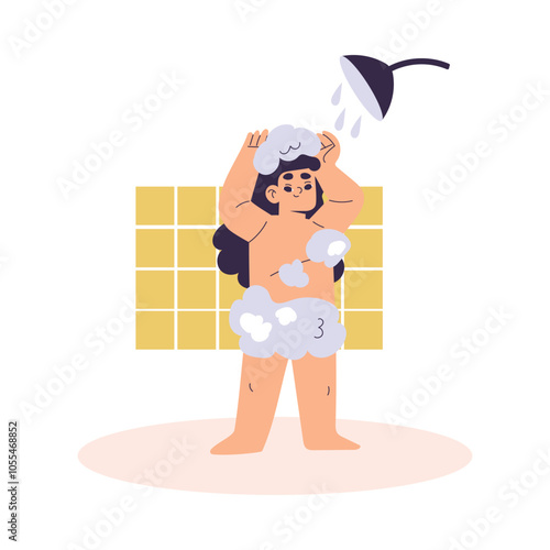 Personal Care with Girl Character Take Shower Enjoy Grooming Procedure Vector Illustration