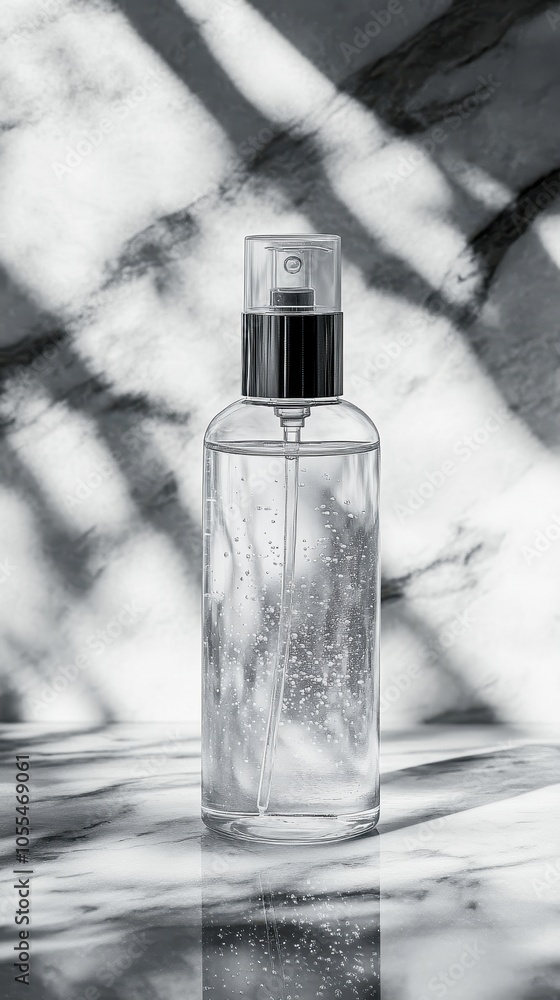 A clear spray bottle sits on a marble surface, displaying its sleek design and liquid A clear spray bottle sits on a marble surface, displaying its sleek design and liquid