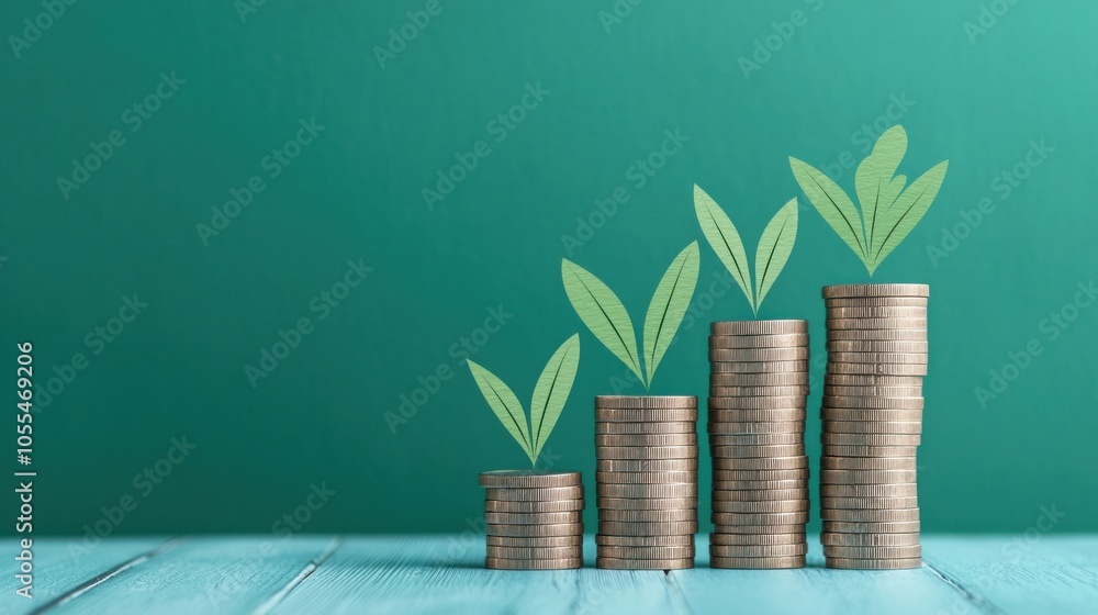 Growing investment concept with coins and green leaves Growing investment concept with coins and green leaves