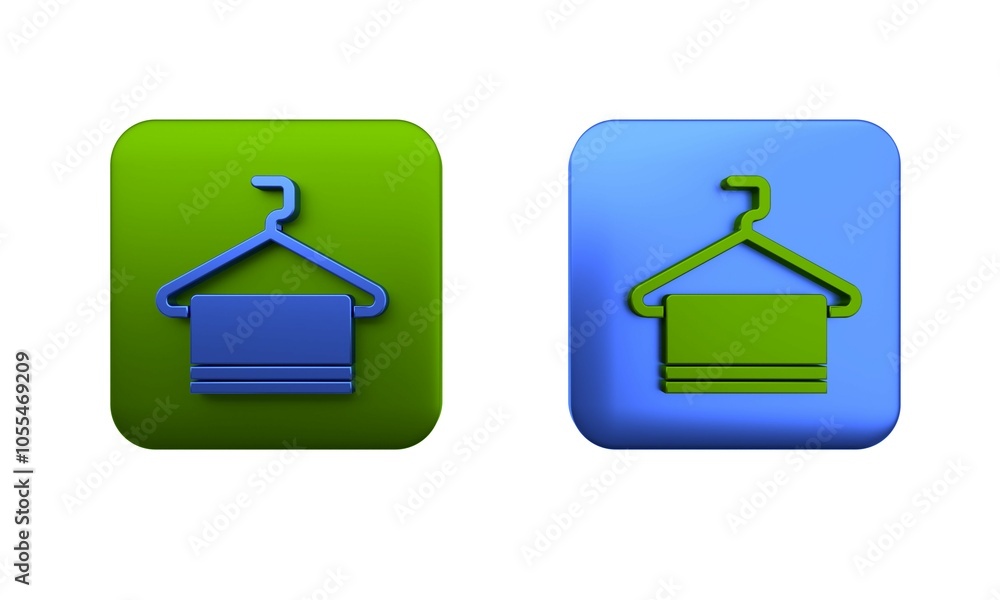 Colorful Towel on hanger icon isolated on white background. Bathroom towel icon. Square button. 3D render illustration Colorful Towel on hanger icon isolated on white background. Bathroom towel icon. Square button. 3D render illustration