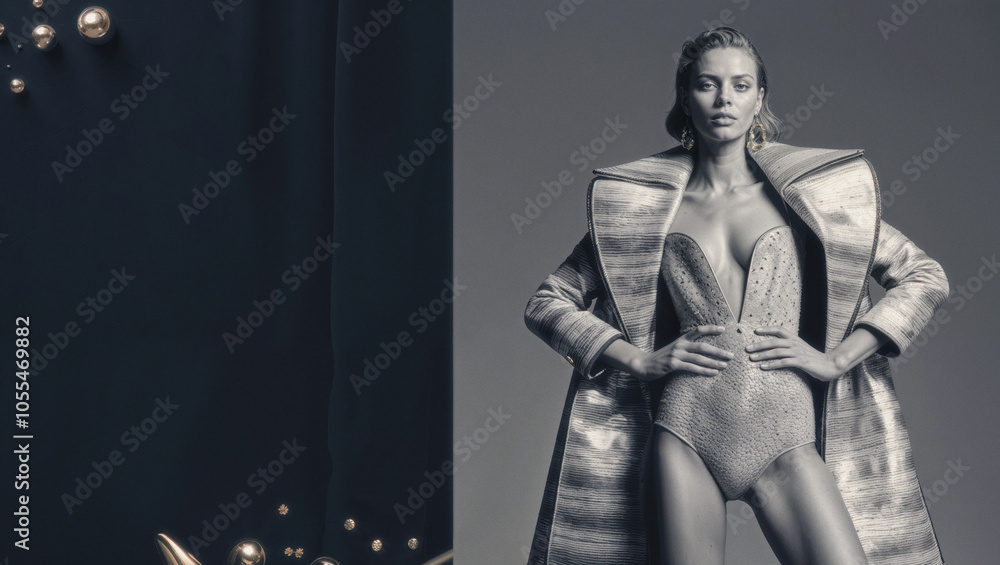 Fashion portrait of a beautiful young woman wearing a coat in a studio Fashion portrait of a beautiful young woman wearing a coat in a studio