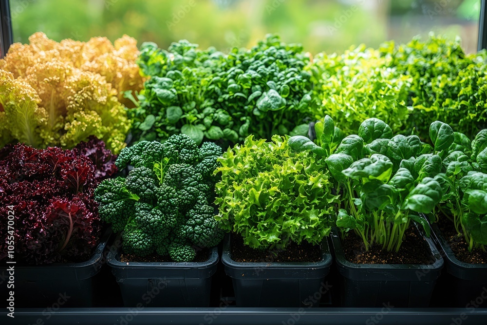 A Row of Freshly Sprouted Greens in Black Pots A Row of Freshly Sprouted Greens in Black Pots
