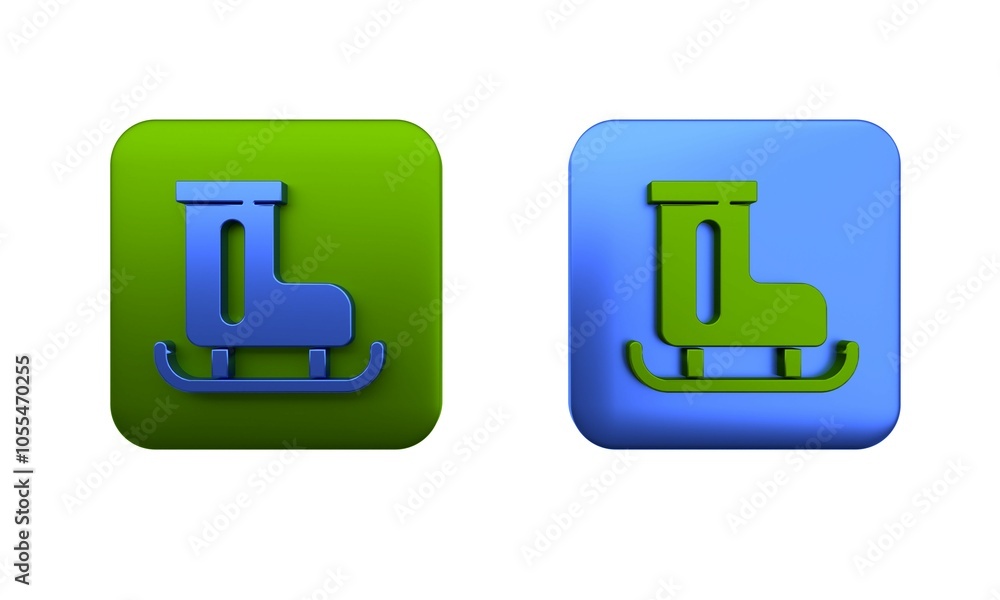 Colorful Figure skates icon isolated on white background. Ice skate shoes icon. Sport boots with blades. Square button. 3D render illustration Colorful Figure skates icon isolated on white background. Ice skate shoes icon. Sport boots with blades. Square button. 3D render illustration