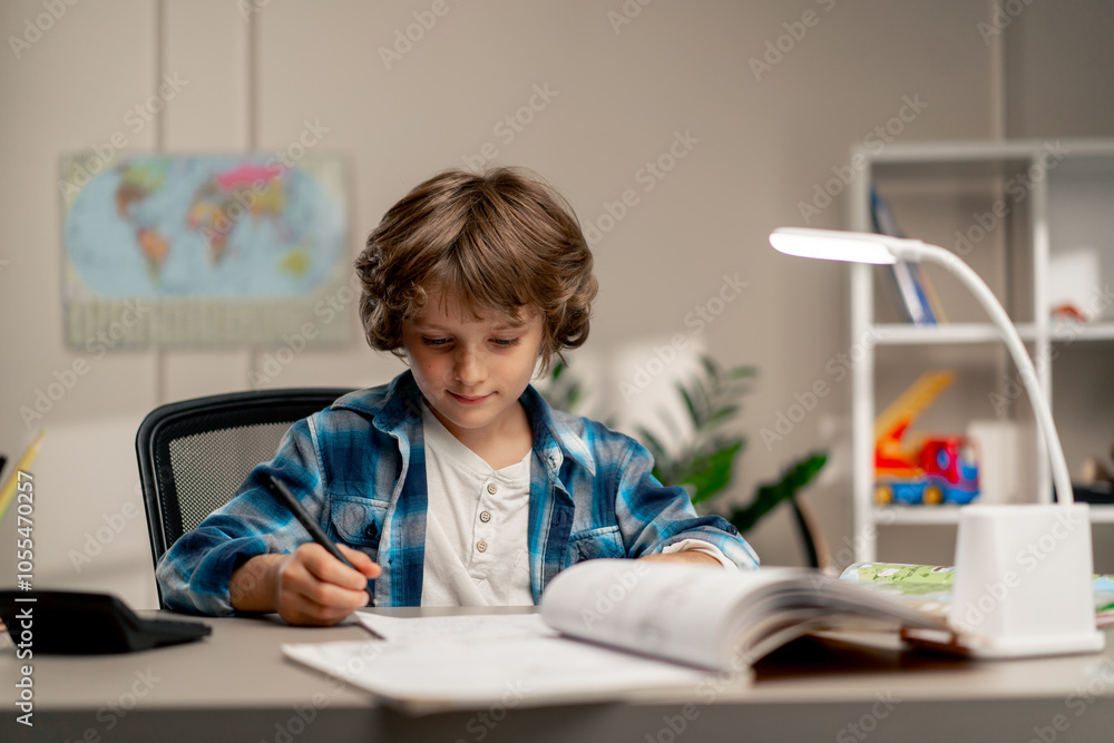 in the children's room a schoolboy in white sweater and a blue checkered shirt at a desk doing homework on his studies writing in a notebook in the children's room a schoolboy in white sweater and a blue checkered shirt at a desk doing homework on his studies writing in a notebook