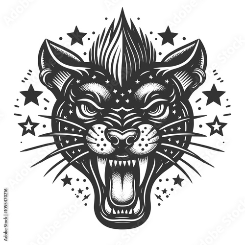 fierce panther punk tattoo with a mohawk, surrounded by chains, leaves, and stars sketch engraving generative ai vector illustration. Scratch board imitation. Black and white image.