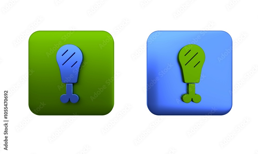 Colorful Chicken leg icon isolated on white background. Chicken drumstick. Square button. 3D render illustration Colorful Chicken leg icon isolated on white background. Chicken drumstick. Square button. 3D render illustration