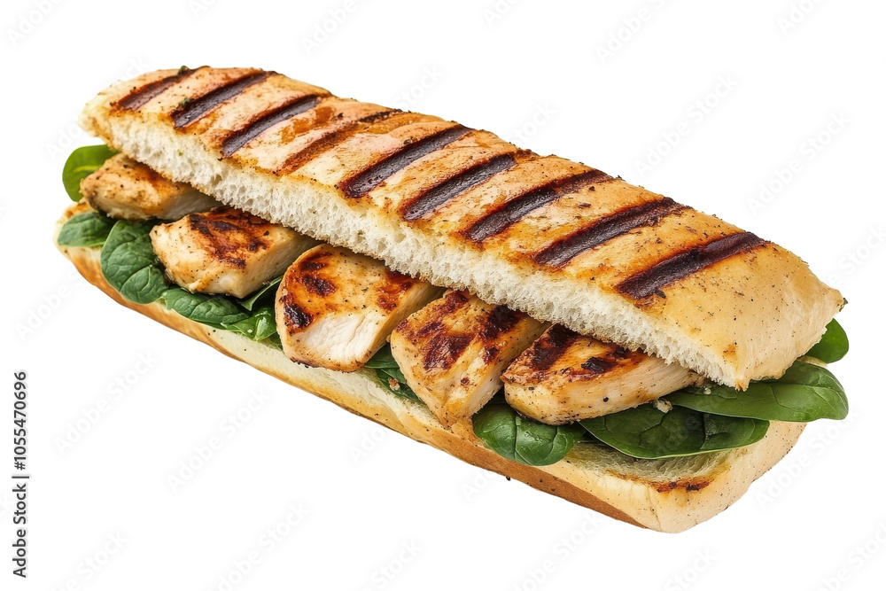 Grilled chicken sandwich on artisan bread with fresh spinach and subtle grill marks Grilled chicken sandwich on artisan bread with fresh spinach and subtle grill marks