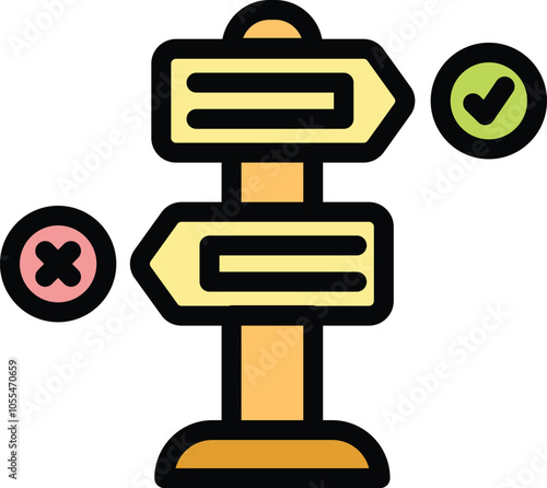 Conceptual icon of decision making process with right and wrong road sign, choosing the correct way