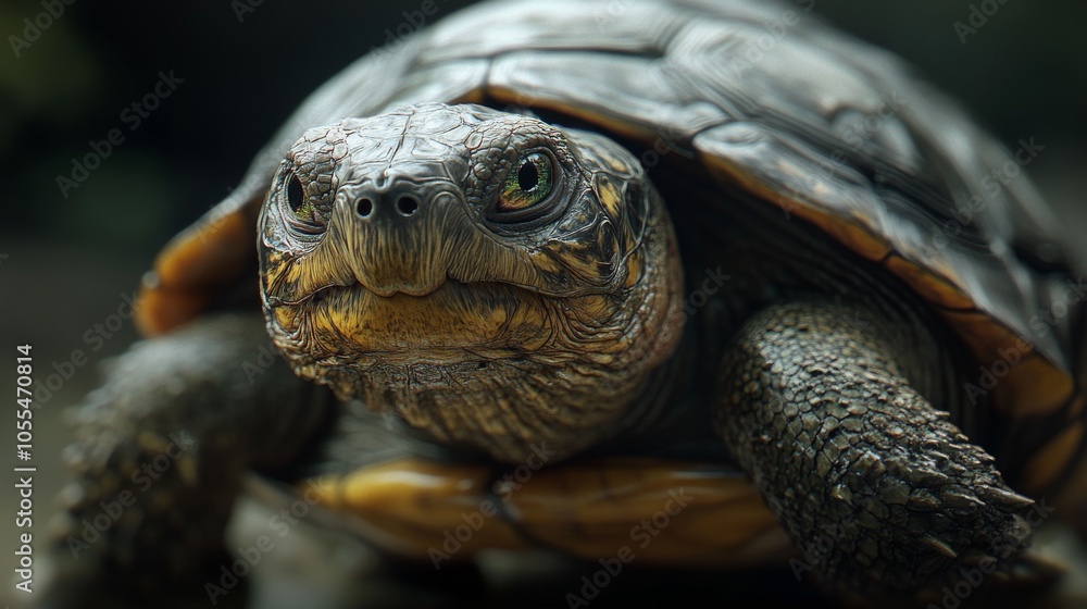 A turtle is looking at the camera. The turtle is brown and yellow. The turtle has a brown shell A turtle is looking at the camera. The turtle is brown and yellow. The turtle has a brown shell