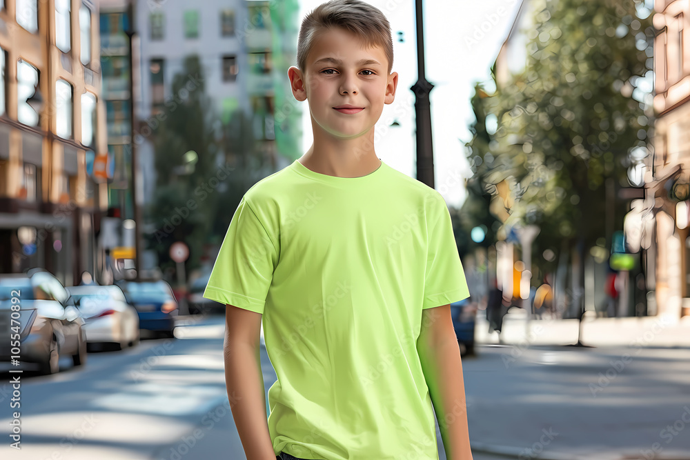 Young Caucasian boy in a bright green shirt smiles confidently on a sunny street, surrounded by urban buildings and parked cars. Young Caucasian boy in a bright green shirt smiles confidently on a sunny street, surrounded by urban buildings and parked cars.