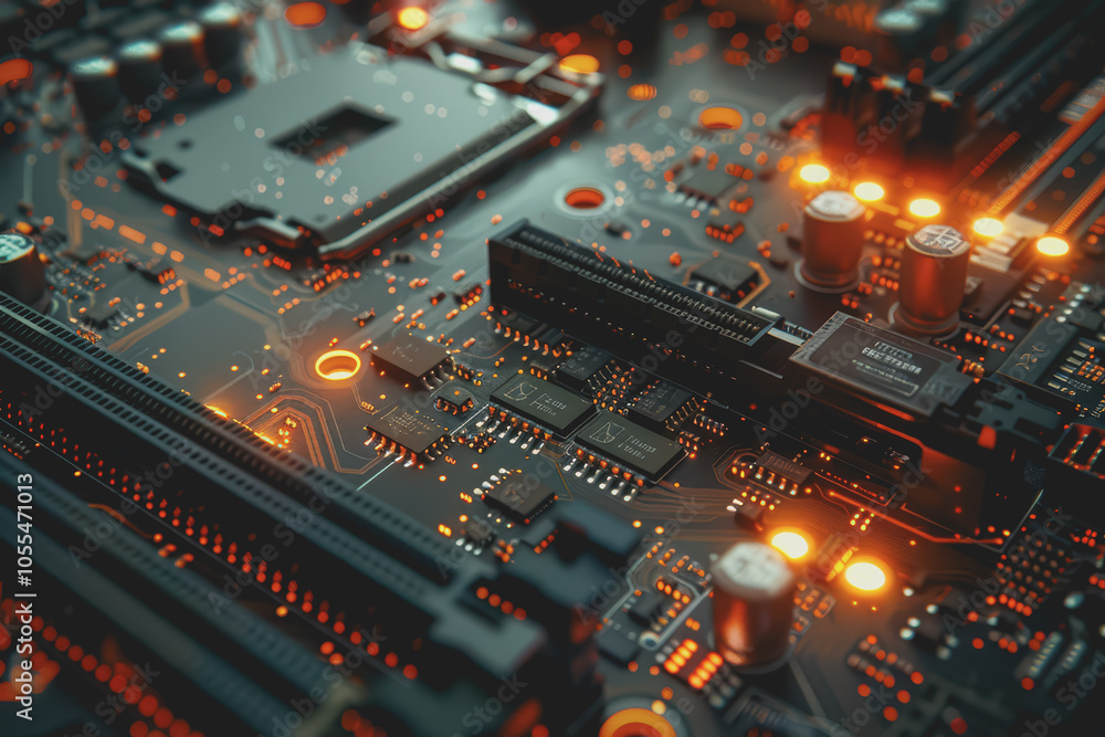 Computer motherboard with complex circuits and microchips focused on technology. Computer motherboard with complex circuits and microchips focused on technology.