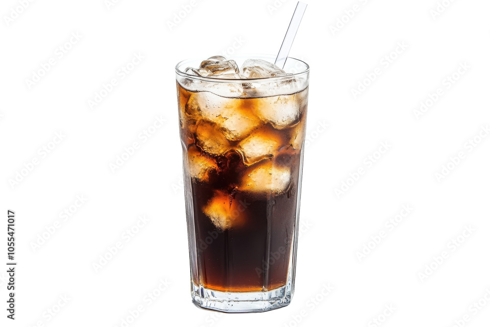Refreshing iced beverage served in a tall glass with ice cubes on a bright background Refreshing iced beverage served in a tall glass with ice cubes on a bright background