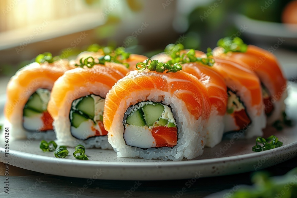 Close-up of Salmon Sushi Rolls with Green Onions on a Plate Close-up of Salmon Sushi Rolls with Green Onions on a Plate
