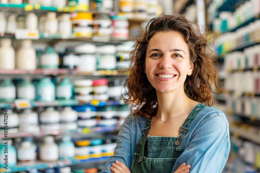 Smiling woman in overalls standing in art supply store surrounded by colorful paint jars Smiling woman in overalls standing in art supply store surrounded by colorful paint jars