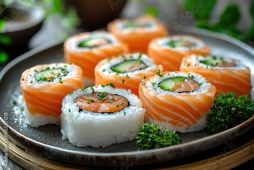 Salmon and Cucumber Sushi Rolls on a Black Plate photo