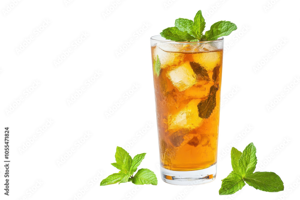 Refreshing iced tea with mint leaves served in a tall glass on a bright background Refreshing iced tea with mint leaves served in a tall glass on a bright background