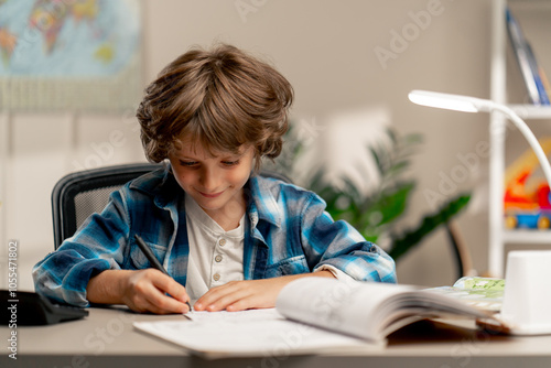 close up in the children's room a schoolboy in white sweater and a blue checkered shirt at a desk doing homework on his studies writing in a notebook