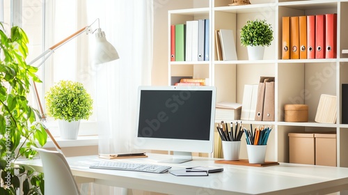 A clean and modern home office workspace with a computer, desk lamp, and plants.