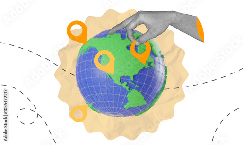halftone collage, hand placing map pins on a globe, representing global reach, navigation, and connection.international business, travel, or logistics conten 