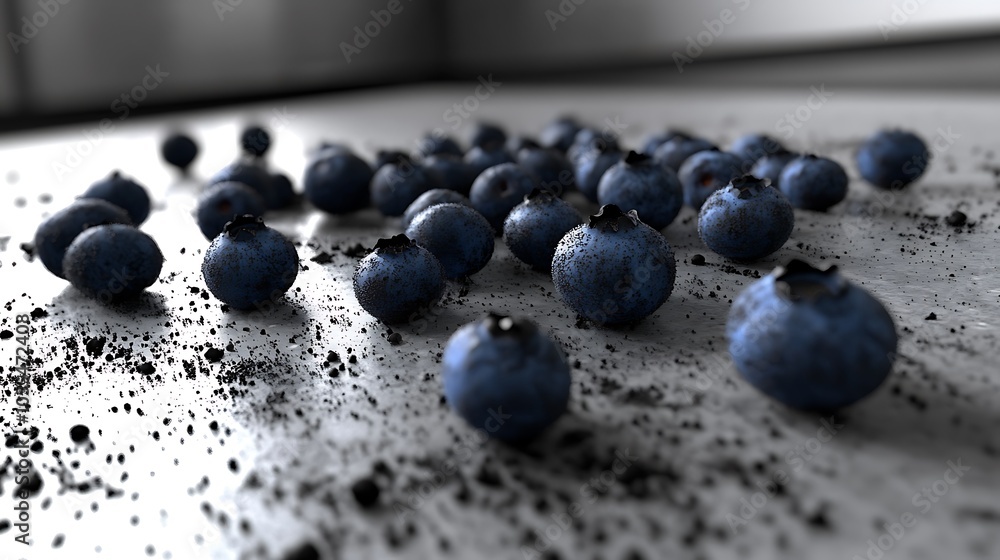 A close-up of blueberries scattered on a black-and-white kitchen table, selective color drawing attention to the blueberries’ deep blue color A close-up of blueberries scattered on a black-and-white kitchen table, selective color drawing attention to the blueberries’ deep blue color