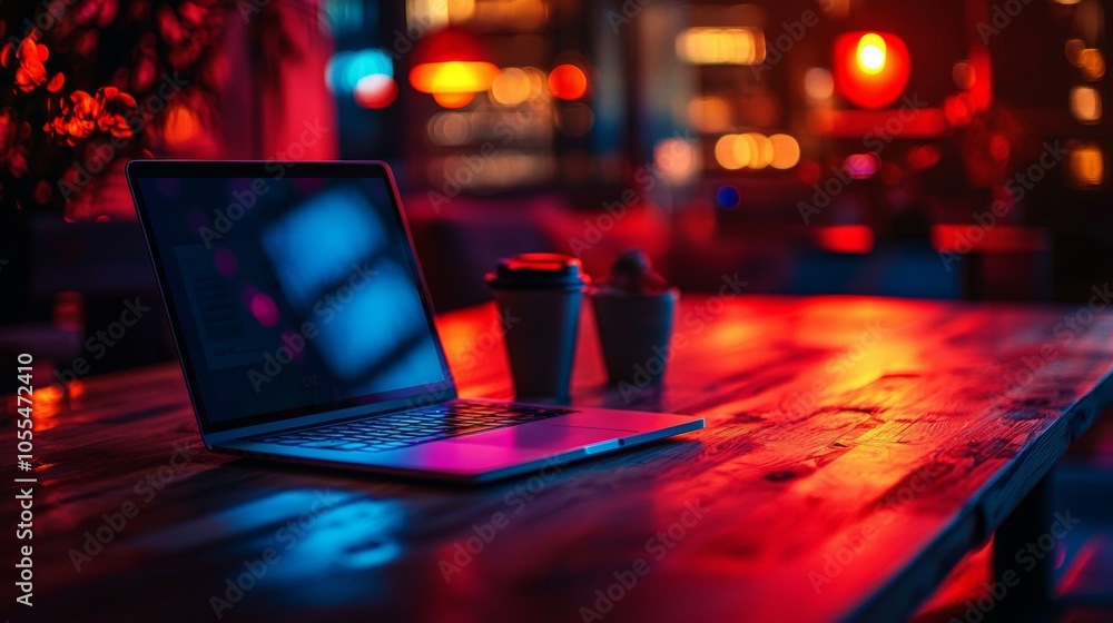 Laptop on table in a cafe with vibrant red and blue lighting Laptop on table in a cafe with vibrant red and blue lighting