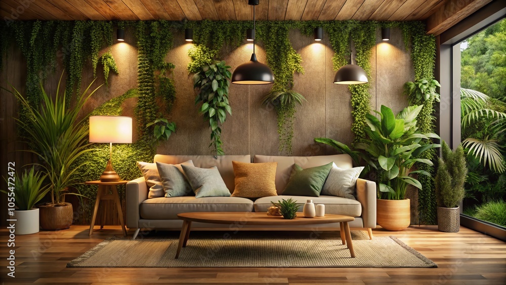 Inviting Minimalism in Warm Tones: Serene Living Space with Plush Sofa and Greenery for Relaxation Inviting Minimalism in Warm Tones: Serene Living Space with Plush Sofa and Greenery for Relaxation