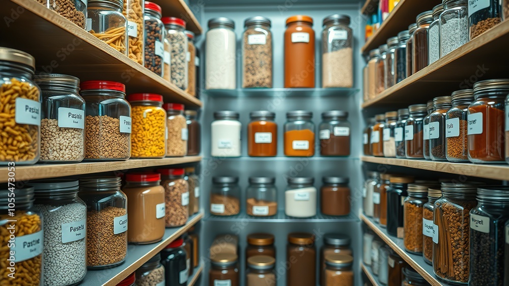 Organized Pantry with Clear Jars of Dried Food Staples Organized Pantry with Clear Jars of Dried Food Staples
