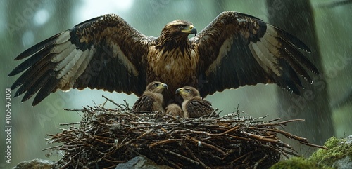 An eagle with two hatchlings in its nest. It is raining outside, and the eagle has its wings spread wide to protect the babies from the raindrops. wildlife photography 