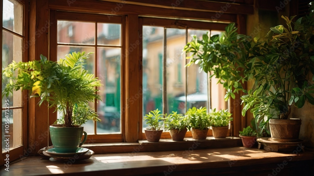 Panoramic views through weathered shutters, nature's canvas unfolds. Panoramic views through weathered shutters, nature's canvas unfolds.
