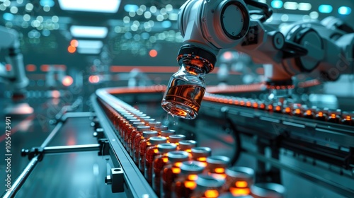 Robotic Arms Placing Medical Vials on a Conveyor in a High-Tech Pharmaceutical Plant