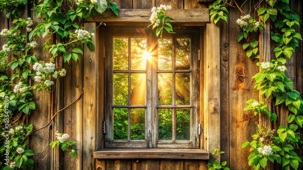 Sunlight Streaks Through a Window Framed by Greenery on a Weathered Wooden Wall Sunlight Streaks Through a Window Framed by Greenery on a Weathered Wooden Wall