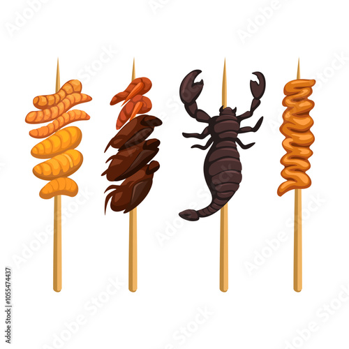 Bug and Scorpion Skewers, Thai Extreme Street Food Set Cartoon Illustration Vector