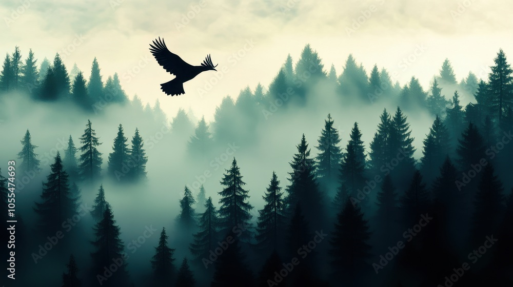Naklejka premium A majestic bird soars above a misty evergreen forest, where light and shadow play among towering trees. serene scene embodies freedom and the beauty of nature, ideal for wildlife themes.