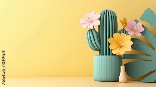 Wallpaper Mural A lively still life showcases a cactus in a mint green pot, embellished with pastel pink and yellow flowers against a warm yellow background. Ideal for decor and lifestyle projects. Torontodigital.ca