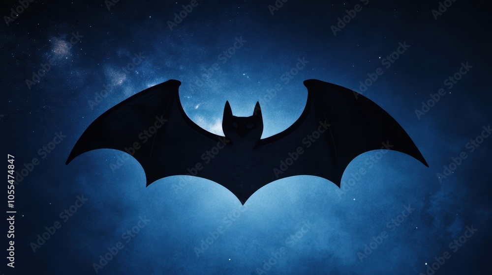 A striking bat silhouette against a misty blue background evokes mystery and the supernatural. Perfect for Halloween, fantasy, or adventure-themed projects and marketing. A striking bat silhouette against a misty blue background evokes mystery and the supernatural. Perfect for Halloween, fantasy, or adventure-themed projects and marketing.