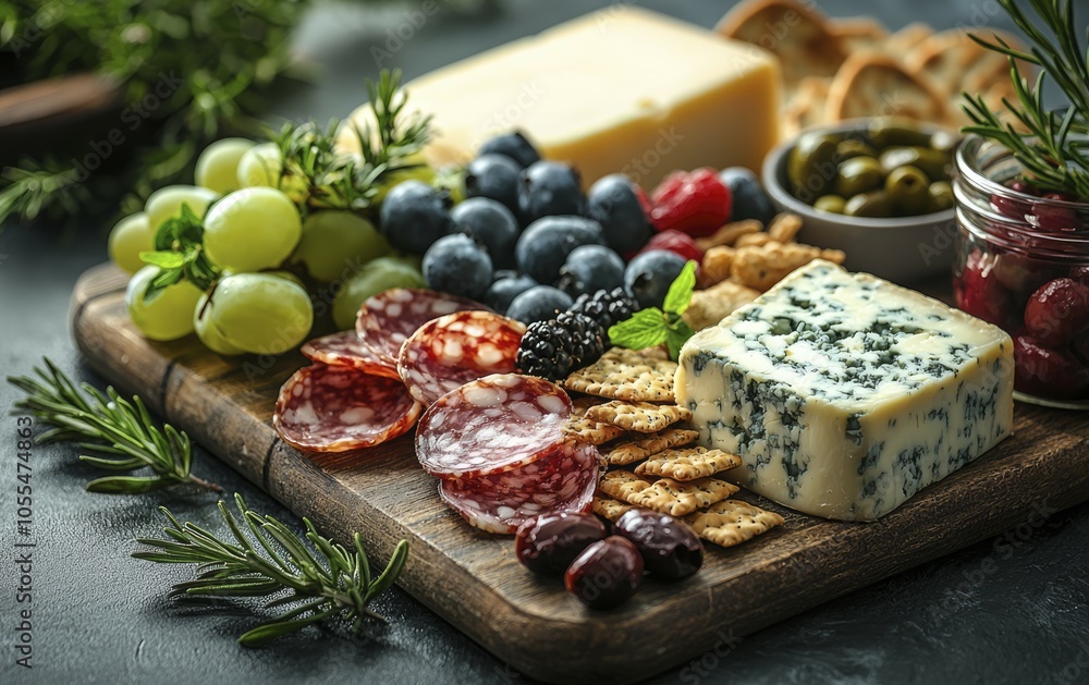 A Gourmet Cheese Board with Salami, Blue Cheese, Crackers, Berries, and Olives A Gourmet Cheese Board with Salami, Blue Cheese, Crackers, Berries, and Olives