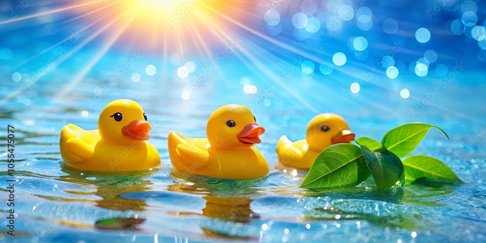 Three vibrant yellow rubber ducks floating on a shimmering blue surface, bathed in the warm glow of sunlight, with lush green leaves adding a touch of nature to the scene. Three vibrant yellow rubber ducks floating on a shimmering blue surface, bathed in the warm glow of sunlight, with lush green leaves adding a touch of nature to the scene.