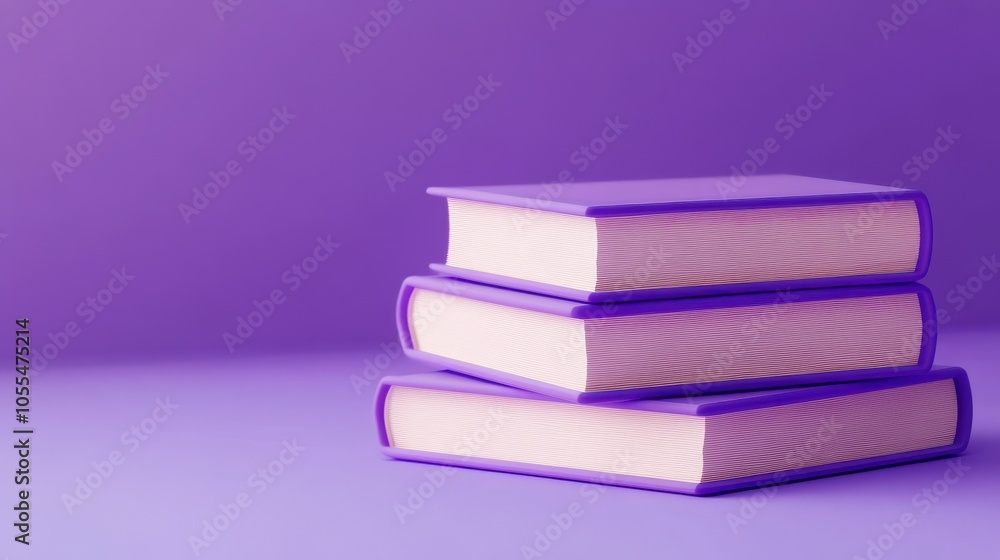 Fototapeta premium A vibrant stack of three glossy purple books against a matching background symbolizes creativity and knowledge, ideal for educational or artistic themes in promotional materials.