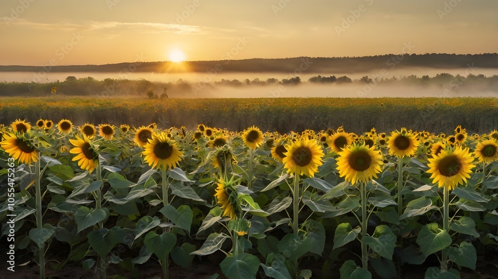 Obraz premium meadow sunflowers rising sun petals early morning light mist horizon landscape natural flower spring