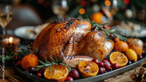 Winter season. Christmas Dinner table full of food with a turkey on it