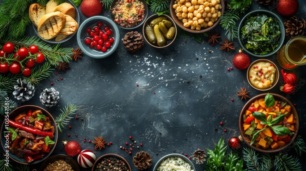 Winter season. Top view background of beautiful Christmas table with delicious homemade food decorated with fir branches, copy space Winter season. Top view background of beautiful Christmas table with delicious homemade food decorated with fir branches, copy space